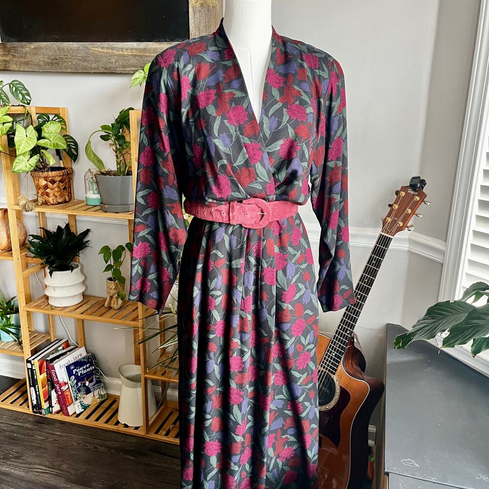 Vintage 80s Dark Floral Maxi Dress Faux Wrap Long Sleeve Size Medium
